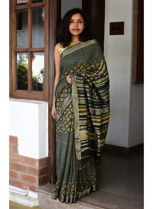 Green & Yellow, Handwoven Organic Cotton, Textured Weave , Natural dye, Hand block printed, Occasion Wear, Jari, Ajrakh Saree